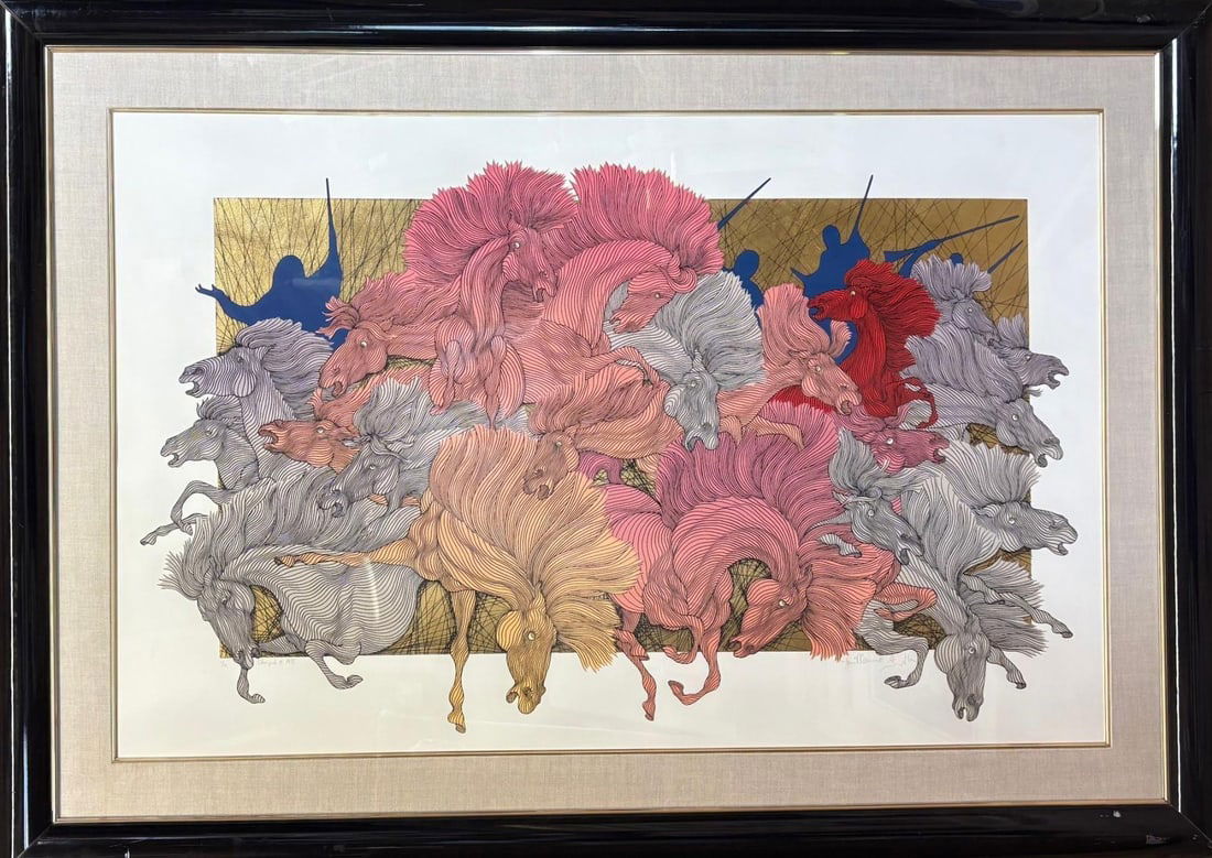 Guillaume Azoulay- Vintage serigraph with gold leaf: Artist: Guillaume Azoulay. Medium: Vintage serigraph with gold leaf. Measures approx. 36" x 44" (framed). Signature: Hand signed and numbered. Reference#: 87204.