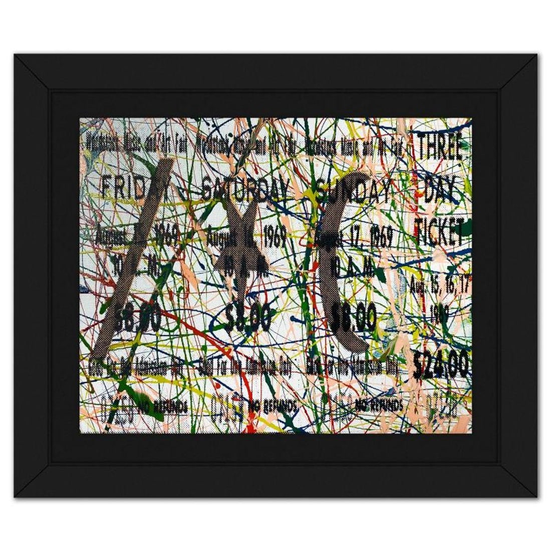 Steve Kaufman (1960-2010), "Woodstock Ticket" Framed Hand Embellished Limited Edition Silscreen,: "Woodstock Ticket" is a hand embellished limited edition silkscreen on canvas by Andy Warhol protege, Steve Kaufman (1960-2010), numbered 36/50 inverso and hand signed by the artist. This piece comes