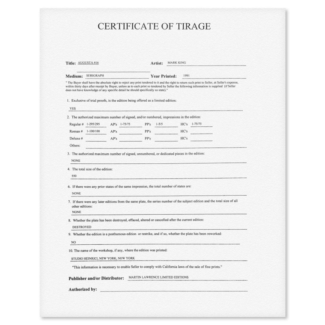 Mark King (1931-2014), "Augusta #16" Hand Signed Limited Edition Serigraph with Letter of - 2