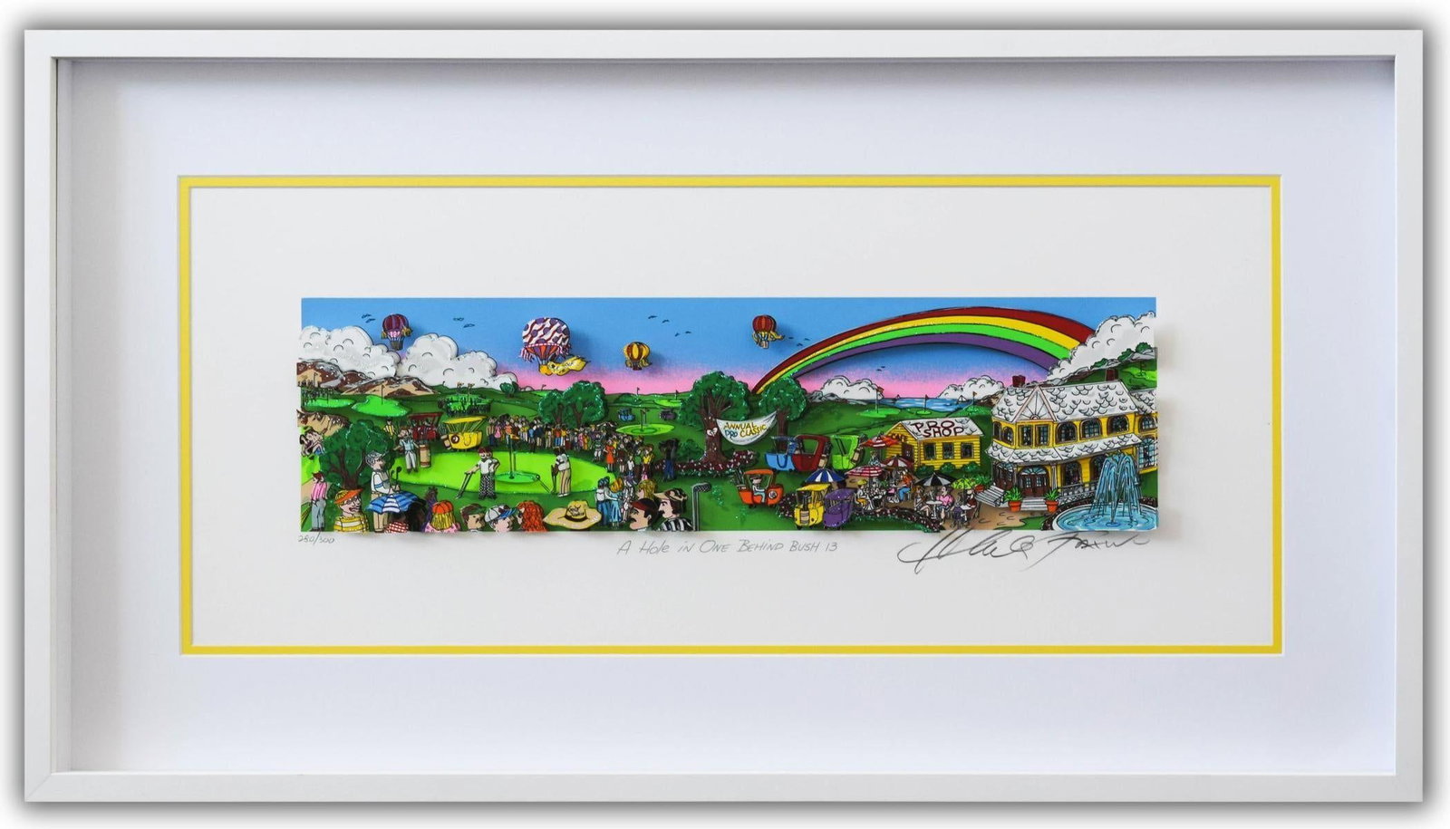 Charles Fazzino- 3D Construction Silkscreen Serigraph "A Hole In One Behind Bush 13 (Yellow)" (1 of 2)