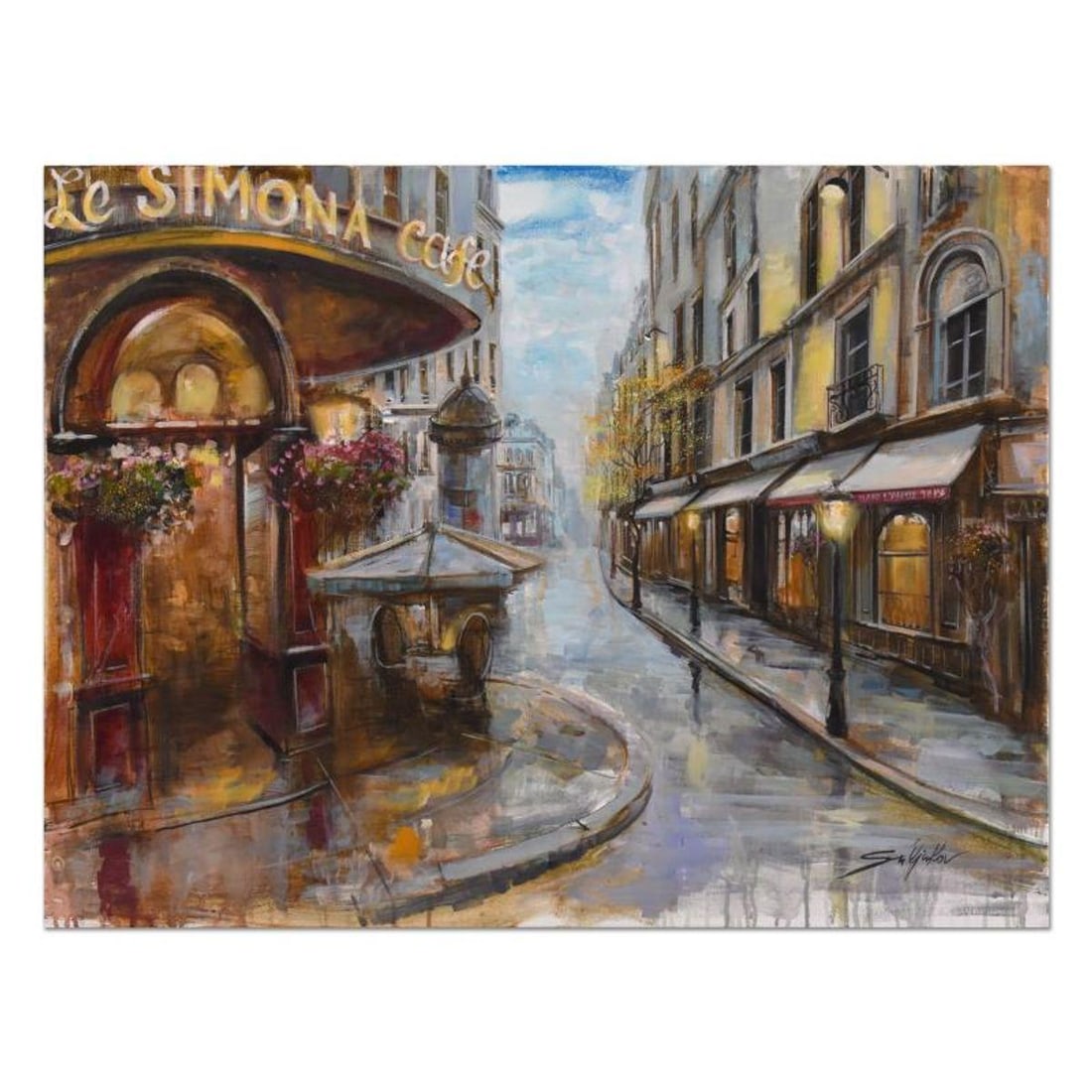 Vadik Suljakov, "Le Cafe Simona" Original Oil Painting on Canvas, Hand Signed with Letter of: "Le Cafe Simona" is an original oil painting on stretched canvas by Vadik Suljakov, hand signed by the artist. Includes Letter of Authenticity. Measures approx. 40" x 30" (image).
