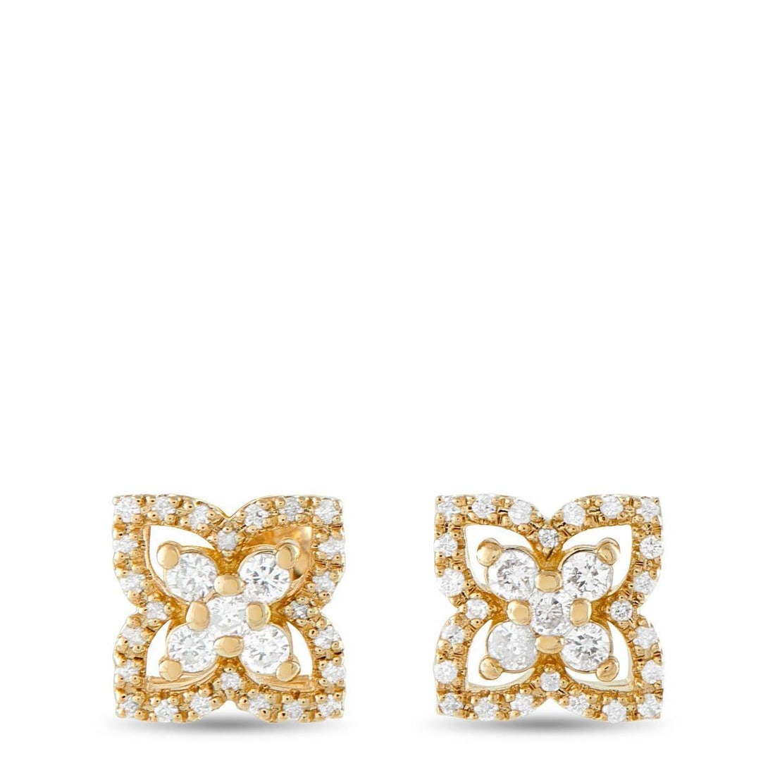 14K YELLOW GOLD 0.25CT DIAMOND QUATREFOIL STUD EARRINGS: Compact yet detailed, these stud earrings capture attention without overwhelming. The center features five round diamonds arranged in a quatrefoil, while a fine diamond halo traces the four-lobed shap