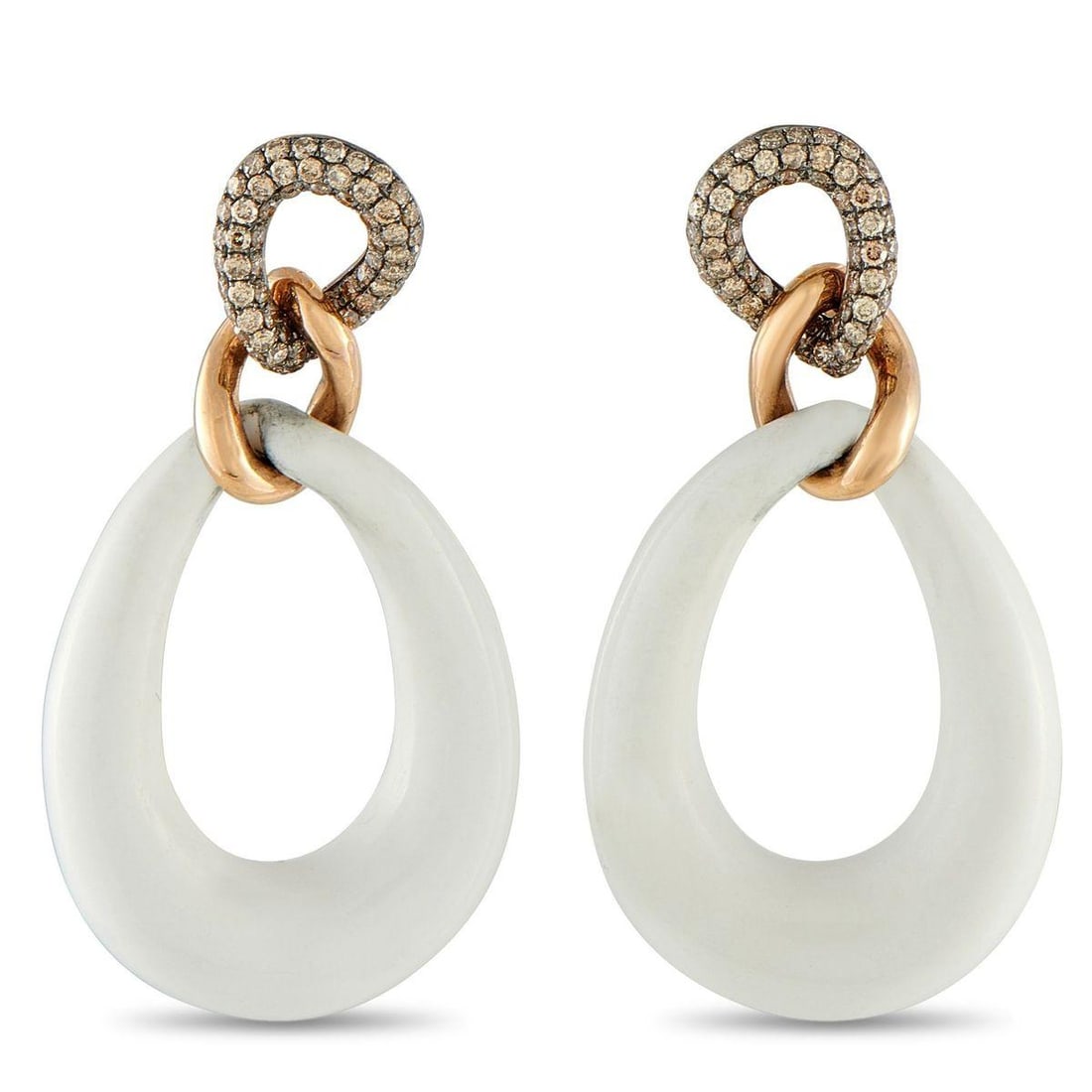 18K ROSE GOLD 1.06CT DIAMOND AND QUARTZ EARRINGS: Stunning White Quartz hoops with a total weight of 46.71 carats offer exciting contrast on these luxury earrings. Crafted from 18K Rose Gold, inset Diamonds totaling 1.06 carats add extra visual impac