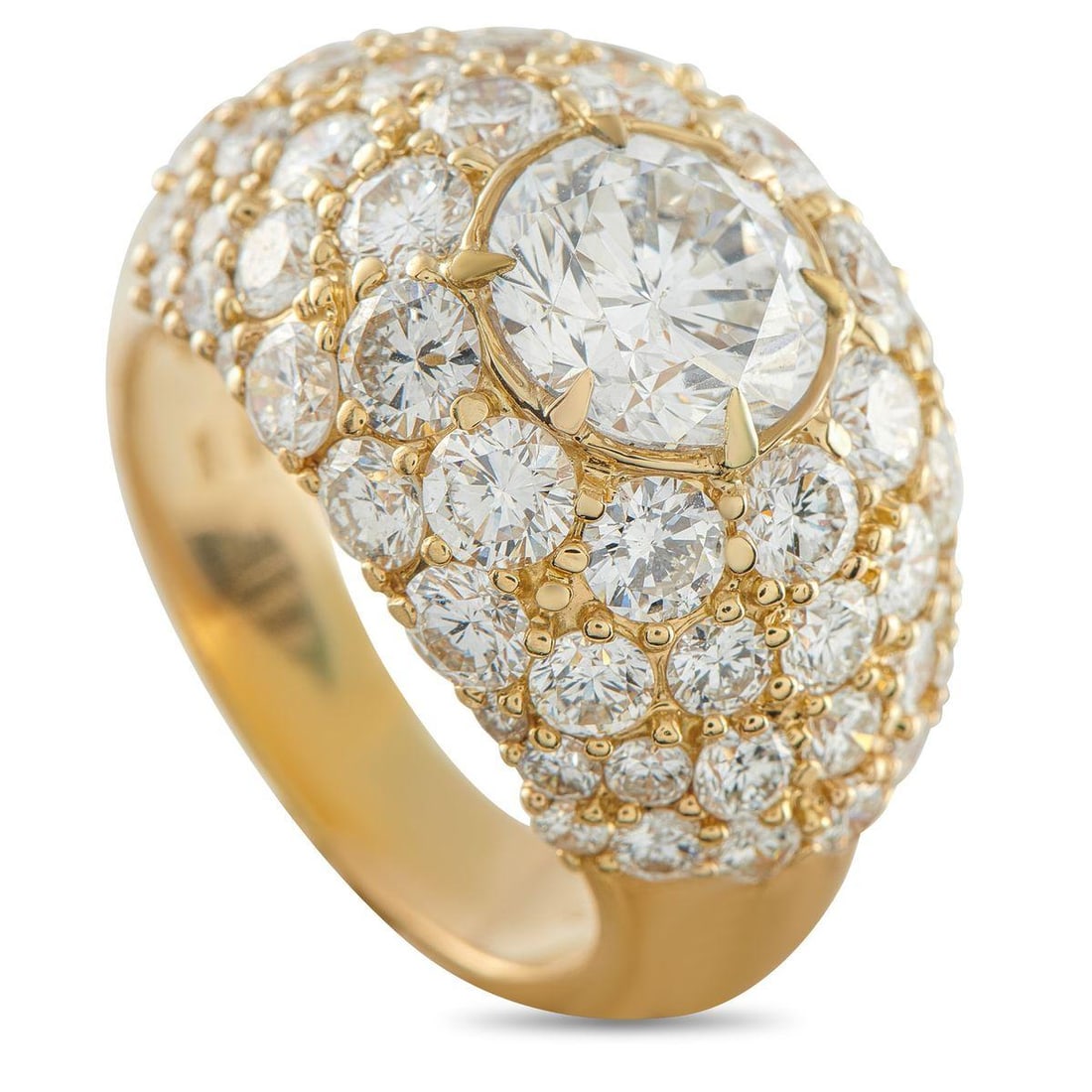 18K YELLOW GOLD 7.88CT DIAMOND RING: This radiant ring exudes timeless luxury. The domed 18K Yellow Gold setting beautifully showcases Diamonds with a total weight of 5.60 carats. At the center, a 2.28 carat Diamond with G color and SI2