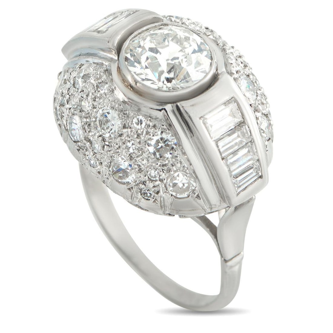 PLATINUM 2.75CT DIAMOND RING: This luxury ring is captivating from every angle. Filled with exquisite details, a domed Platinum setting beautifully showcases the 1.45 carat Diamond center stone. Additional Diamonds with a total we