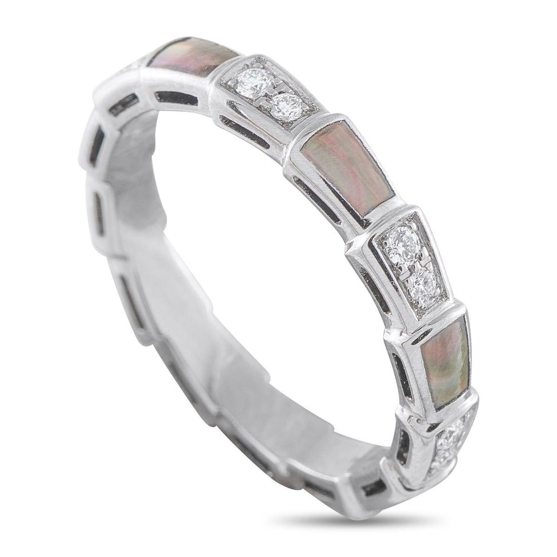 SERPENTI 18K WHITE GOLD 0.41CT DIAMOND AND MOTHER OF PEARL RING: This Bvlgari Serpenti ring exudes understated elegance. The subtle 18K White Gold setting comes to life thanks to opulent Mother of Pearl accents and inset Diamonds with a total weight of 0.41 carats.