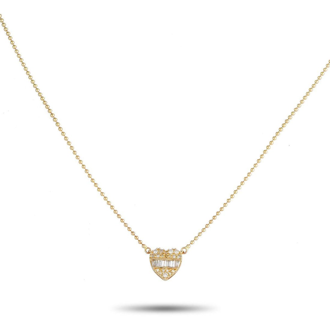14K YELLOW GOLD 0.20CT DIAMOND HEART NECKLACE: This necklace is undeniably charming. The perfect gift for anyone who has captured your heart, it features a heart-shaped pendant measuring 0.25 round at the center of a 16 ball chain. Diamonds with a