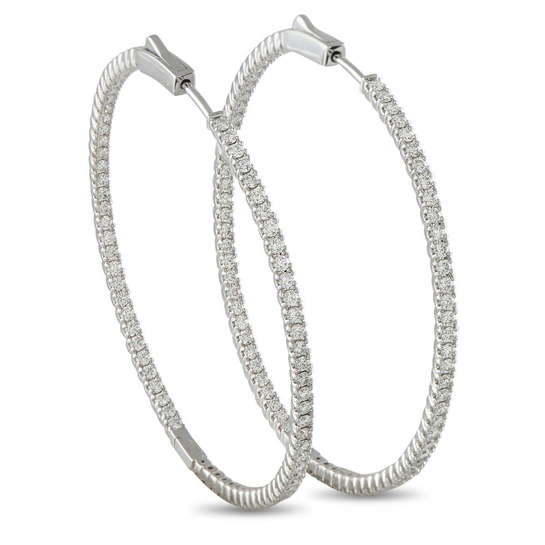 14K WHITE GOLD 2.35CT DIAMOND INSIDE-OUT HOOP EARRINGS: Add a touch of sophistication to any ensemble with these hoop earrings. Diamonds with a total weight of 2.35 carats shine brightly from their place within the elegant 14K White Gold settings. Ideal fo