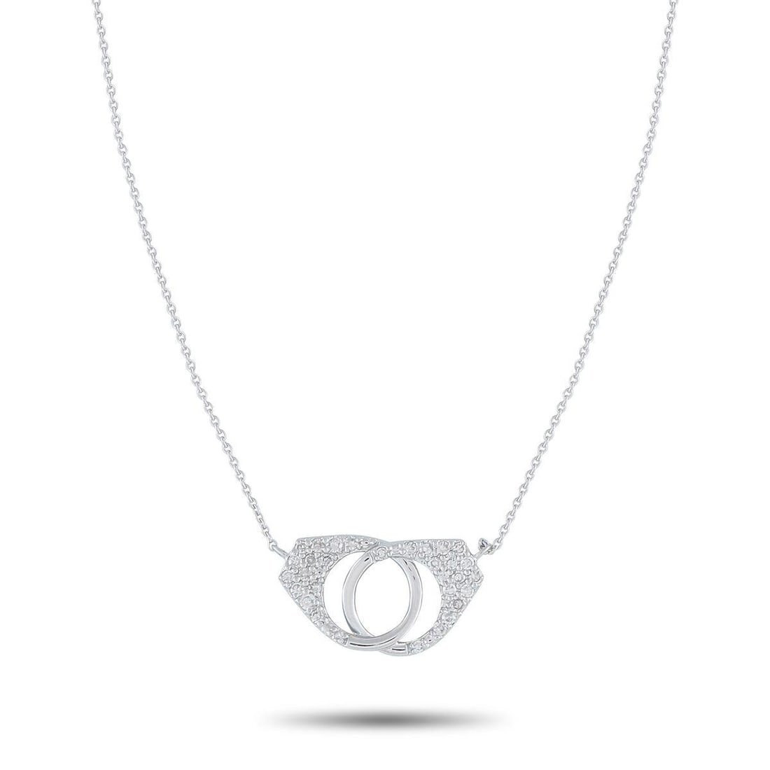 14K WHITE GOLD 0.15CT DIAMOND PAVE HANDCUFF PENDANT NECKLACE: Lock a little sparkle around your neck with this diamond necklace. The pendant, shaped like interlocking handcuffs and pav-set with 0.15 carats of petite diamonds, measures 0.32 by 0.63. It is held by