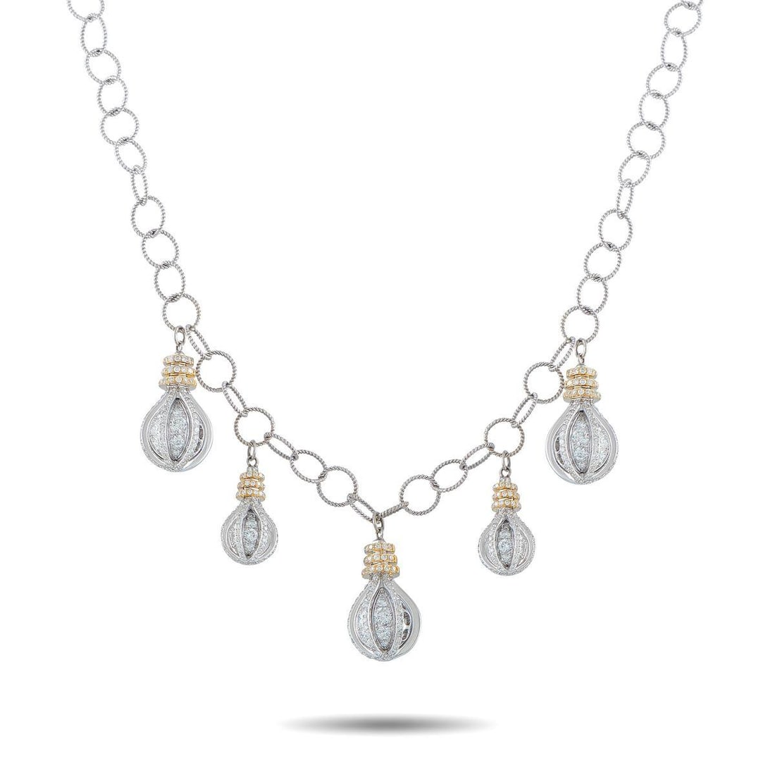 18K WHITE AND YELLOW GOLD 3.25CT DIAMOND NECKLACE: This luxury necklace features a delicate, airy design that will complement any ensemble. On this elegant accessory, a series of bulb-shaped pendants set in a combination of 18K Yellow Gold and 18K Whi