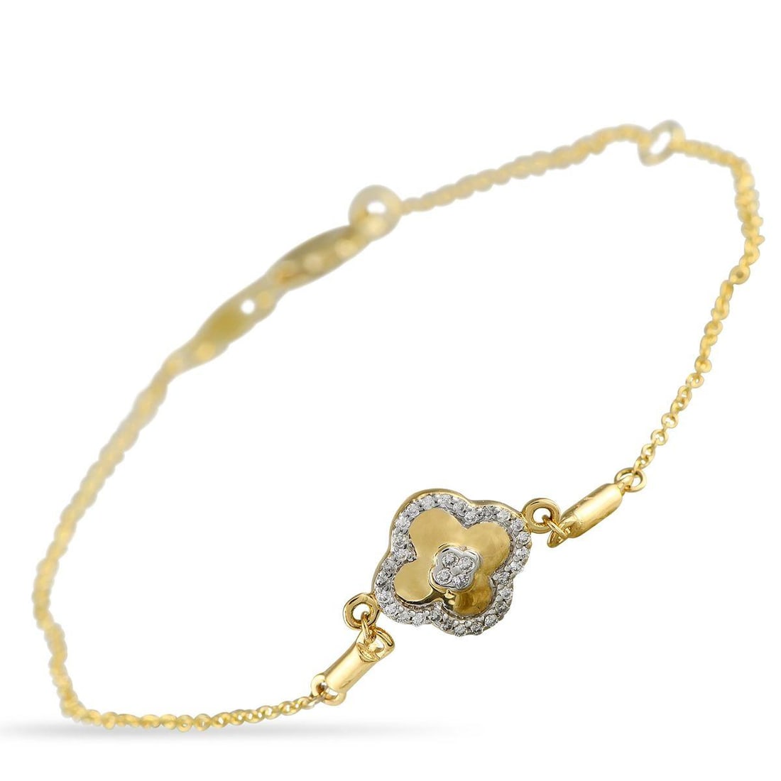 18K YELLOW GOLD 0.10CT DIAMOND BRACELET: This 14K Yellow Gold bracelet is classically elegant. At the center, a quatrefoil motif is elevated by 0.10 carats of sparkling Diamonds. It measures 7.25 long and is understated enough for everyday w