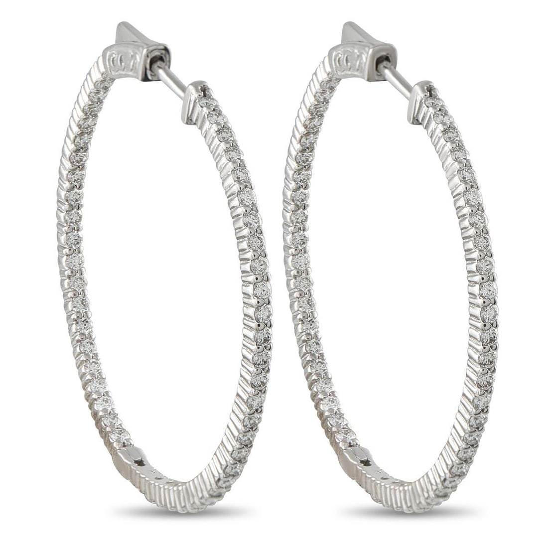 14K WHITE GOLD 2.0CT DIAMOND INSIDE-OUT HOOP EARRINGS: These classic hoop earrings will instantly add a touch of luxury to any ensemble. Diamonds with a total weight of 2.0 carats make them come alive every time they catch the light. Set in 14K White Gold