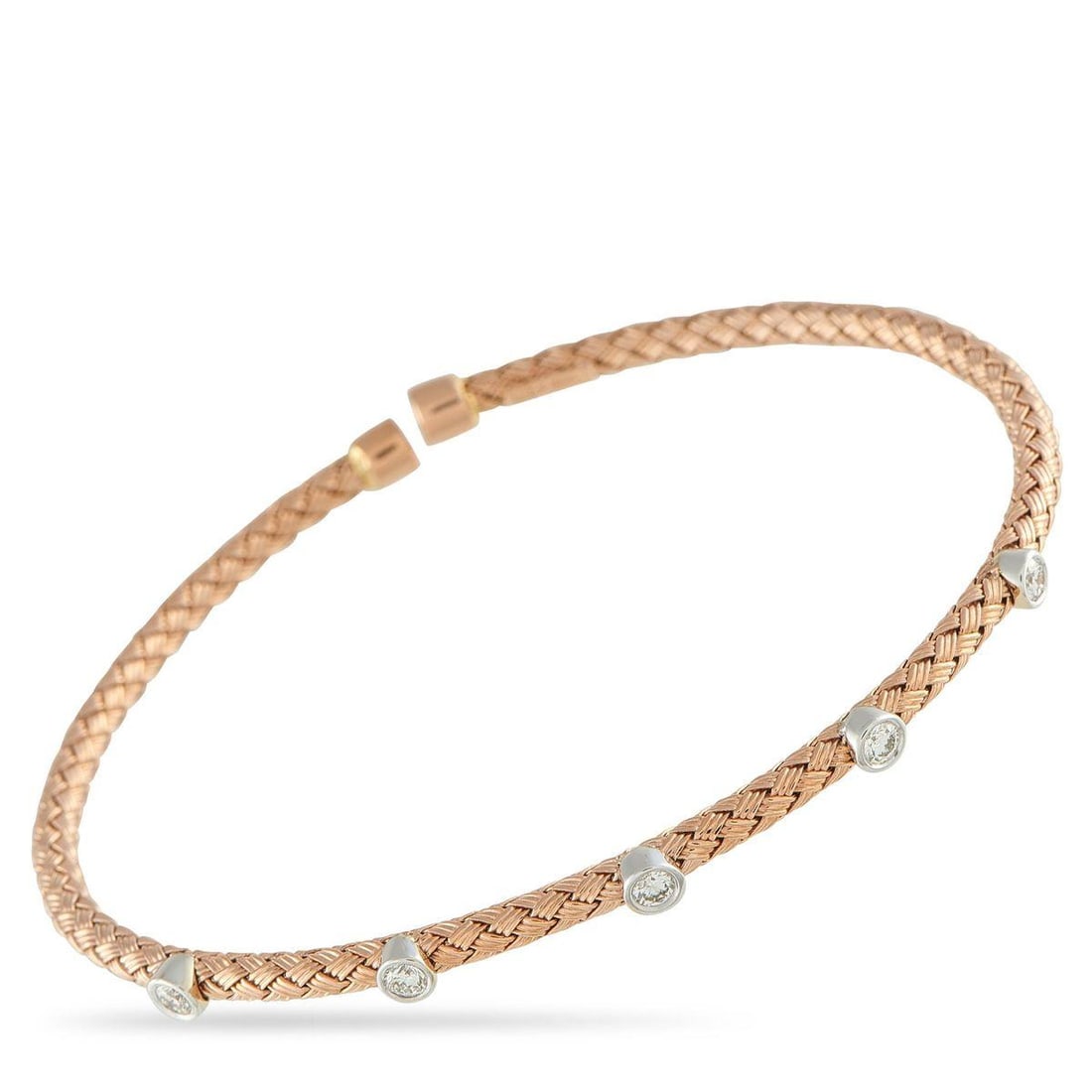 14K ROSE AND WHITE GOLD 0.52CT DIAMOND BRACELET: Contrast, texture, and brilliance all in one polished design. This bracelet has an open bangle design, textured in a soft woven pattern that adds visual interest. Five bezel-set diamonds in white gold