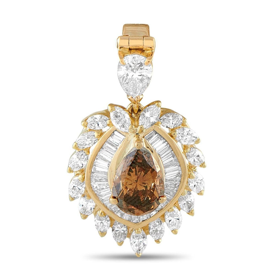 18K YELLOW GOLD 4.99CT DIAMOND PENDANT: This 18K Yellow Gold pendant is simply stunning. At the center, a warm 3.12 carat pear shaped Diamond center stone adds depth and dimension to the elegant setting. Additional Diamonds totaling 1.87 ca