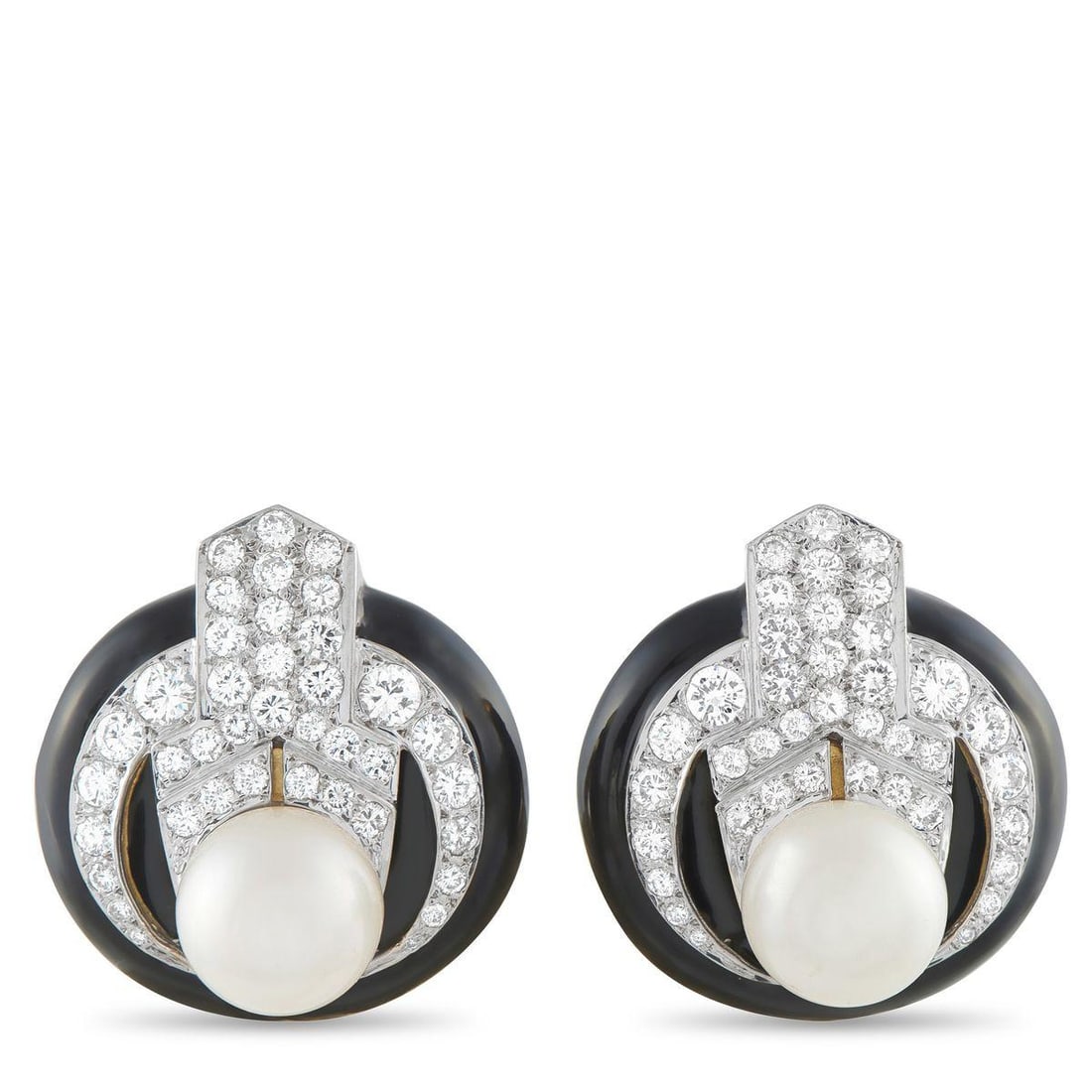 14K YELLOW GOLD 2.0CT DIAMOND AND ENAMEL PEARL CLIP-ON EARRINGS: Understated yet unmistakable, these pearl clip-on earrings and their refined mid-century aesthetic carry a timeless presence suited to formal dressing and classic wardrobes alike. A lustrous 11.4mm pe