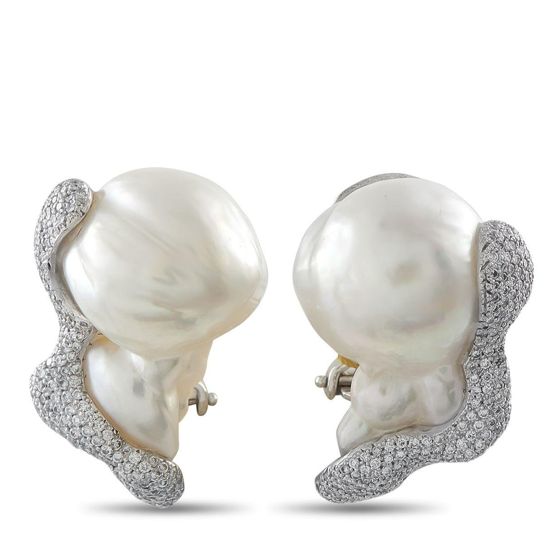 YVEL 18K WHITE GOLD 2.15CT DIAMOND AND BAROQUE PEARL EARRINGS: Uniquely shaped Baroque Pearls make these Yvel earrings incredibly captivating. Set in 18K White Gold, sparkling Diamonds with a total weight of 2.15 carats add an extra touch of luxury. Each earring