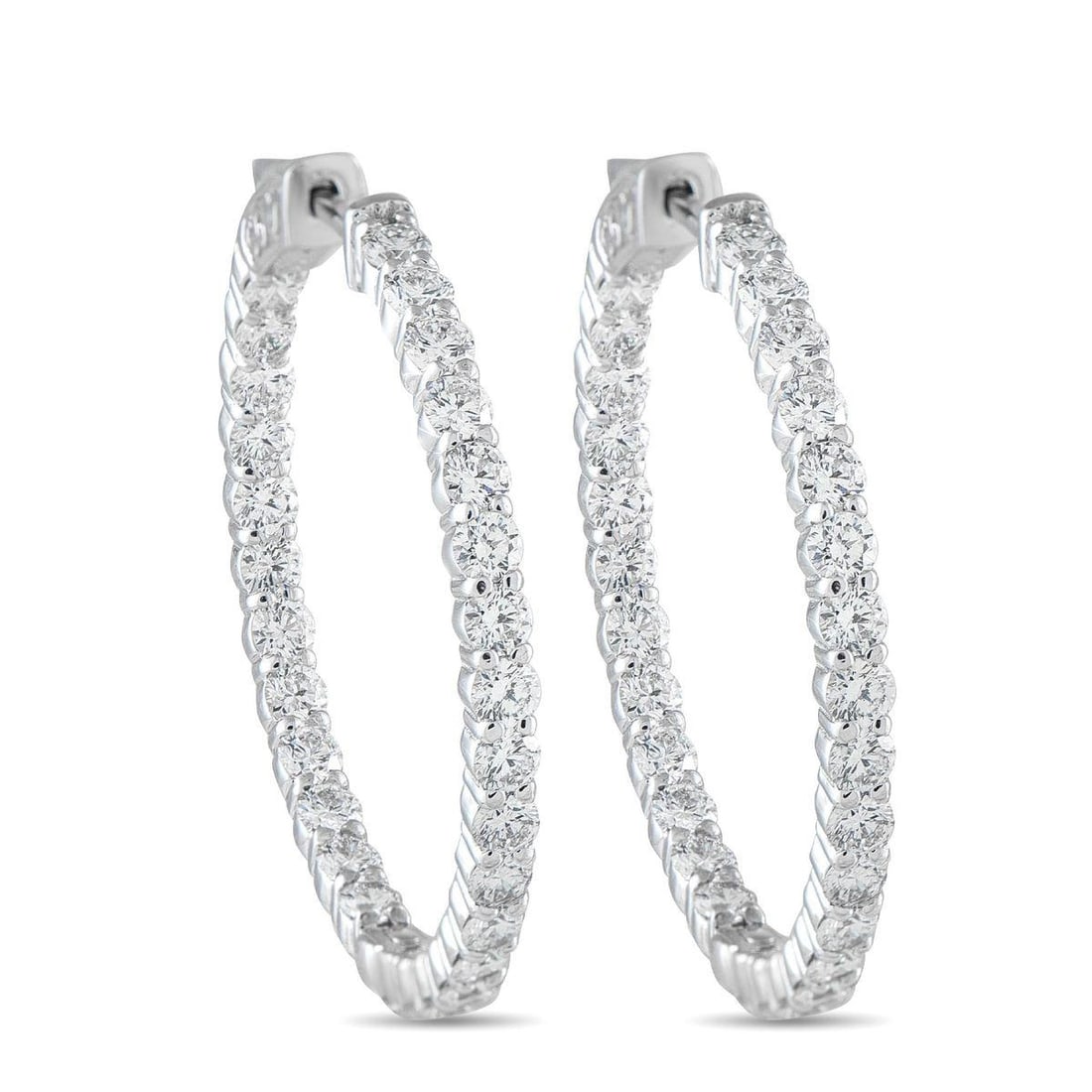 14K WHITE GOLD 4.25CT LAB-GROWN DIAMOND INSIDE-OUT HOOP EARRINGS: These luxurious hoop earrings are designed to make a statement. Set in 14K White Gold, sparkling Lab Grown Diamonds with a total weight of 4.25 carats make them impossible to ignore. Each one measures