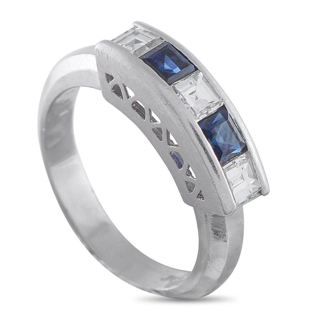 PLATINUM 0.61CT DIAMOND AND SAPPHIRE FIVE-STONE RING: Step-cut sapphires and diamonds, set in a slightly raised channel for a clean and continuous look, alternate across this ring's top center. An open gallery keeps the profile light, while the platinum