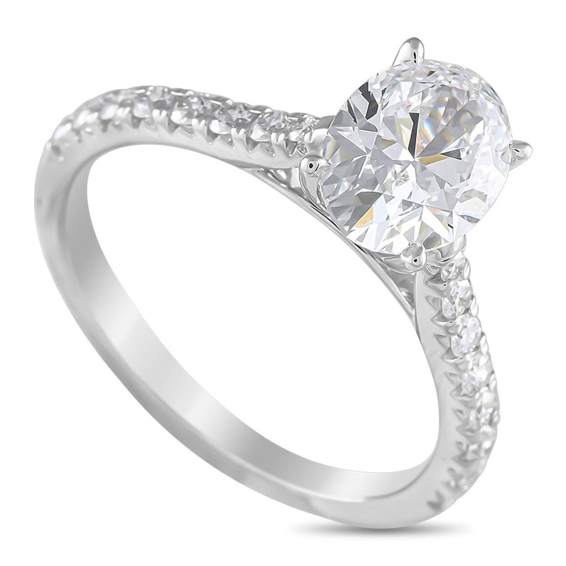 14K WHITE GOLD 2.03CT LAB-GROWN DIAMOND RING: Brilliant Lab Grown Diamonds with a total weight of 2.03 carats allow this ring to sparkle and shine along with your every movement. A 1.68 carat oval-cut Lab Grown Diamond serves as a stunning focal