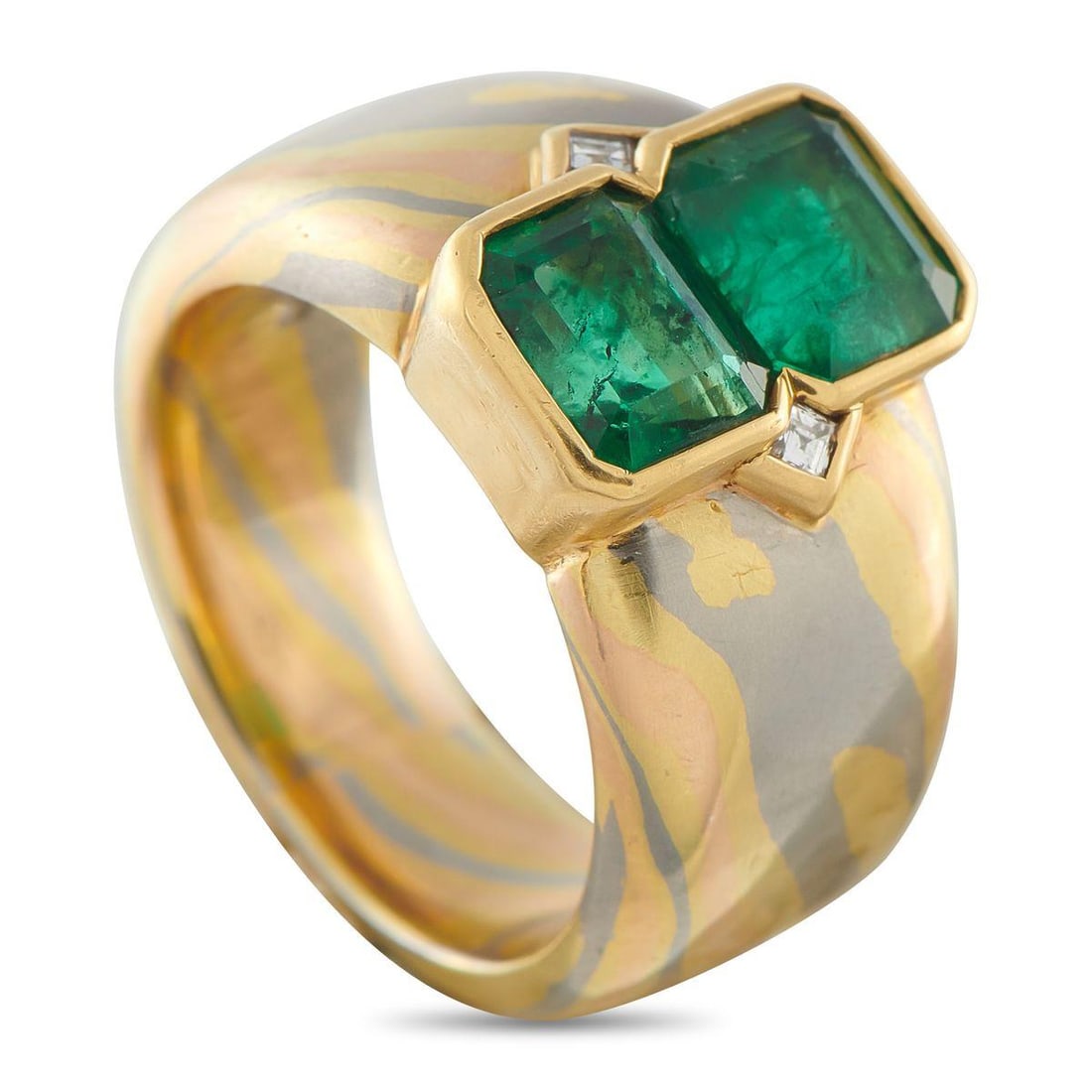 18K YELLOW GOLD 3.0CT EMERALD RING: This luxury ring features a sleek, contemporary design that will continually make a statement. Crafted from 18K Yellow Gold, twin Emeralds with a total weight of 3.0 carats add style and sophisticatio