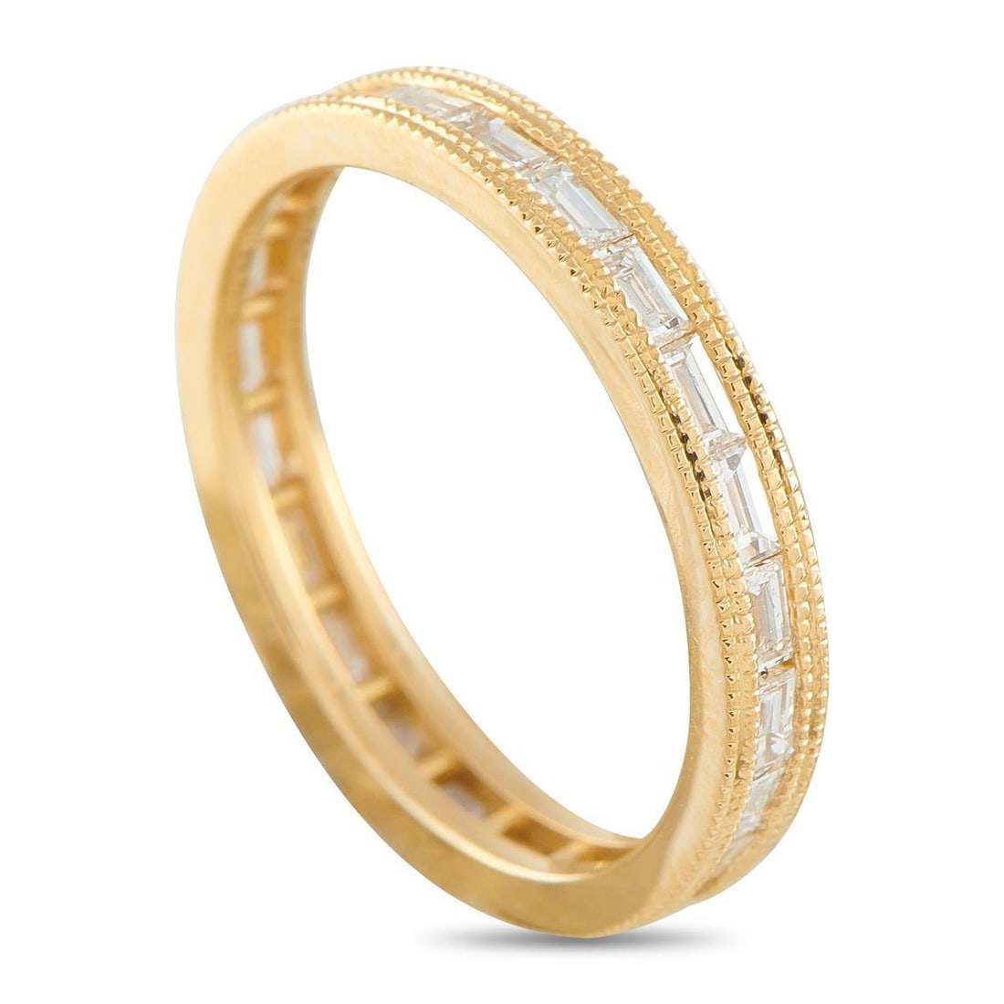 18K YELLOW GOLD 0.67CT DIAMOND ETERNITY BAND RING: Despite its simplicity, this eternity band ring is filled with exquisite details. Along with a textured 18K Yellow Gold setting, it features a series of Diamond baguettes with a total weight of 0.67 c