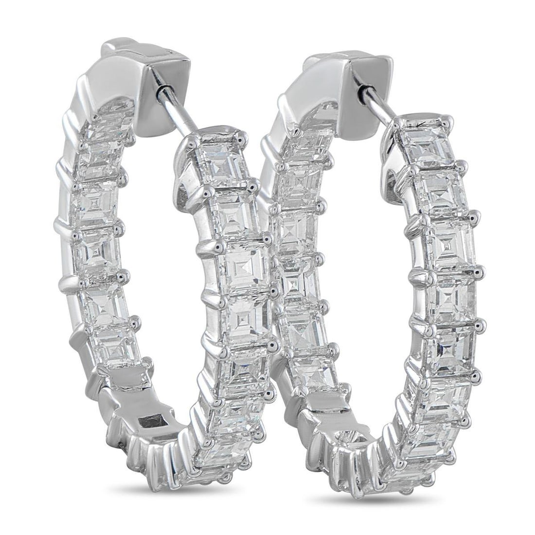 18K WHITE GOLD 4.75CT DIAMOND INSIDE-OUT HOOP EARRINGS: Square cut Diamonds with a total weight of 4.75 carats make these luxury hoop earrings simply unforgettable. Simple and elegant, the understated 18K White Gold setting ensures theyll shine brightly ev