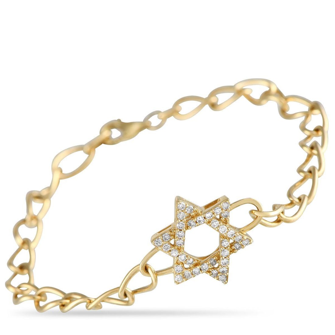 14K YELLOW GOLD 0.30 CT DIAMOND STAR OF DAVID BRACELET: Crafted in 14K yellow gold with twisted oval links, this sleek bracelet serves as a striking emblem of harmony and balance. At its center is a six-pointed stara hexagrampaved with brilliant diamonds.