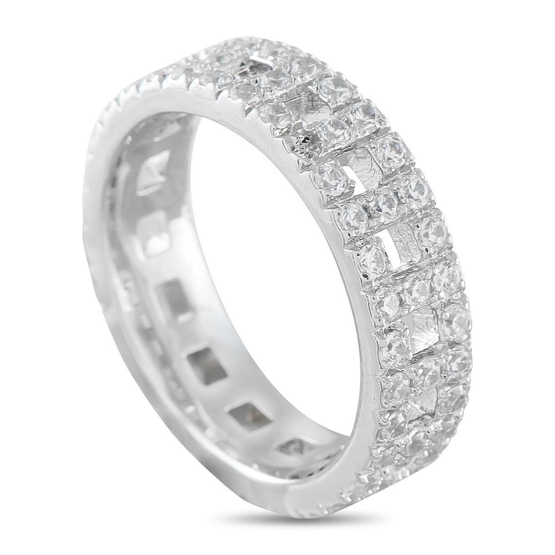 TIFFANY & CO. 18K WHITE GOLD 0.99CT DIAMOND WIDE BAND T RING: This Tiffany & Co. Tiffany T True Wide ring includes alternating links that form the letter T paying homage to the luxury brands iconic motif. Sparkling pav Diamonds with a total weight of 0.99 carats