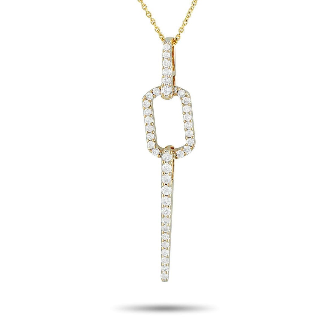 14K YELLOW GOLD 0.25CT DIAMOND GEOMETRIC NECKLACE: This modern 14K yellow gold necklace features a pendant with a geometric flow. A short vertical line of subtly tapering round diamonds connects to an open, rounded-rectangle frame, also lined with dia