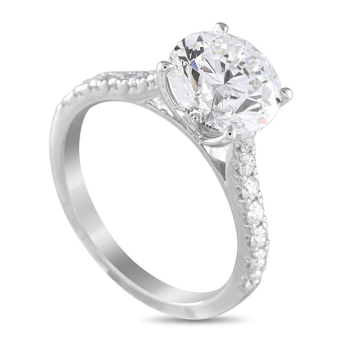 14K WHITE GOLD 3.37CT LAB-GROWN DIAMOND RING: This ring features a classically elegant design that will never go out of style. Ideal for everyday wear, it radiates light thanks to a 3.0 carat round-cut Lab Grown Diamond center stone and additiona