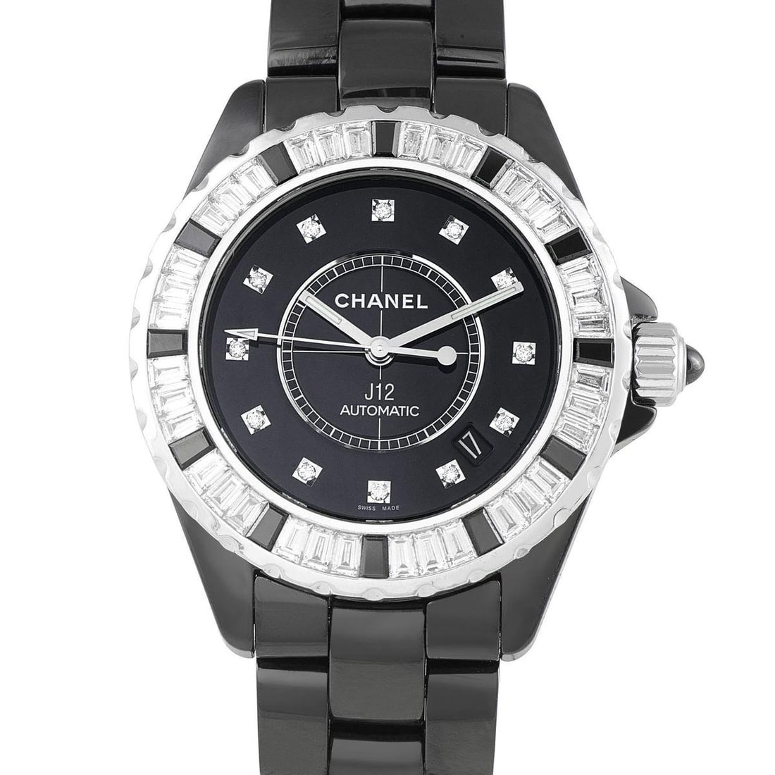 CHANEL J12 JOAILLERIE DIAMOND AND BLACK CERAMIC WATCH: The Chanel J12 ref.H2023 bridges the worlds of haute horlogerie and haute joaillerie. This timepiece features a 38mm black ceramic case and bracelet paired with an 18K white gold bezel richly set with
