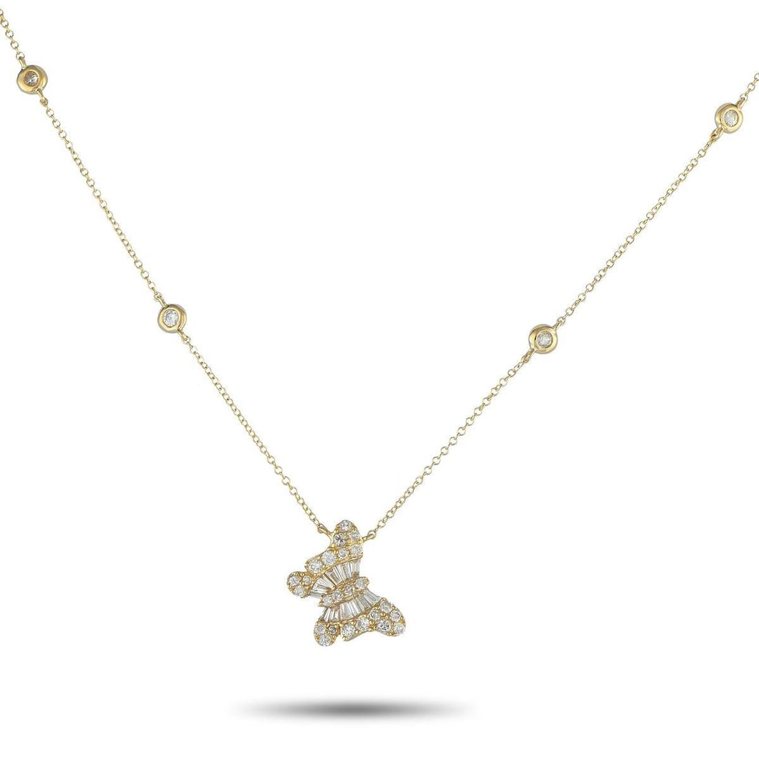 14K YELLOW GOLD 0.75CT DIAMOND BUTTERFLY PENDANT NECKLACE: Add elegance to any ensemble with this charming necklace. Diamonds with a total weight of 0.75 carats elevate both the butterfly pendant and the 16 chain. Crafted from 14K Yellow Gold, the pendant mea