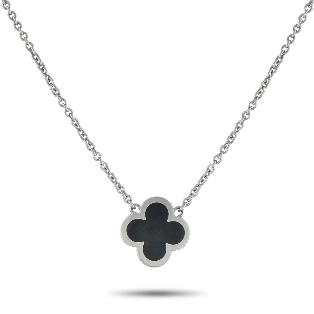 VAN CLEEF & ARPELS PURE ALHAMBRA 18K WHITE GOLD 1-MOTIF NECKLACE: This Van Cleef & Arpels Pure Alhambra necklace is sleek and incredibly sophisticated. Set in 18K White Gold, the pendant offers a streamlined take on the brands signature clover motif. Suspended from