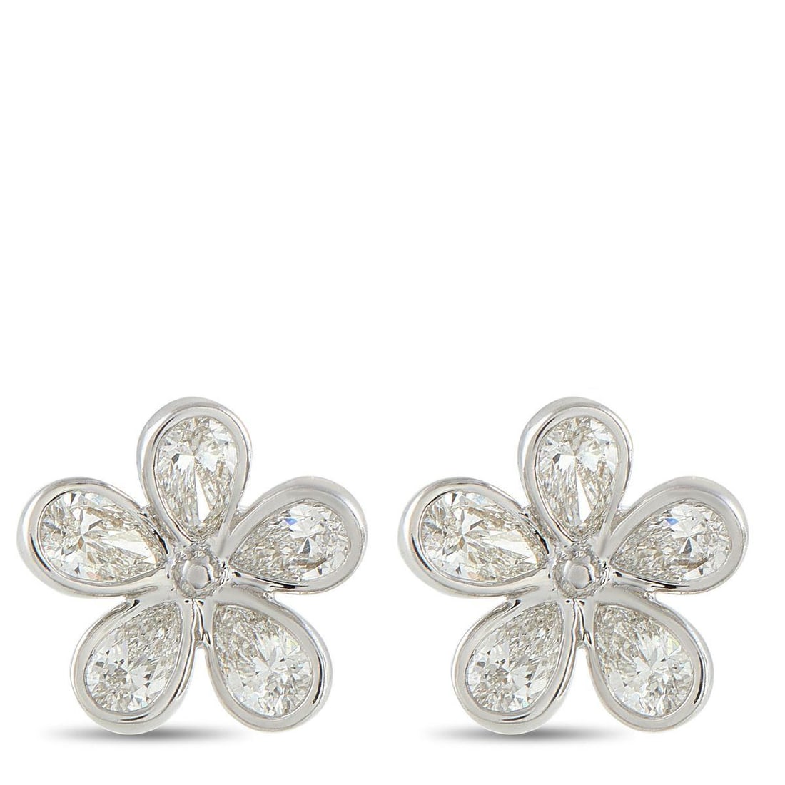 18K WHITE GOLD 2.50CT DIAMOND FLOWER EARRINGS: Delicate yet dazzling, these flower-shaped studs bloom in 18K white gold. Five pear-cut diamonds form the petals, each set in polished bezels that let every facet shine. Together, they total 2.5 carat