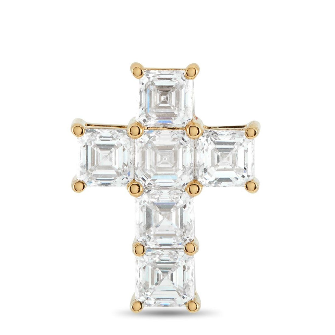 18K YELLOW GOLD 3.50CT DIAMOND CROSS PENDANT: This cross shaped pendant is poised to become an instant heirloom. A minimalist 18K Yellow Gold setting allows the 3.50 carats of Ascher cut Diamonds to take center stage. It measures 0.75 long by 0.5