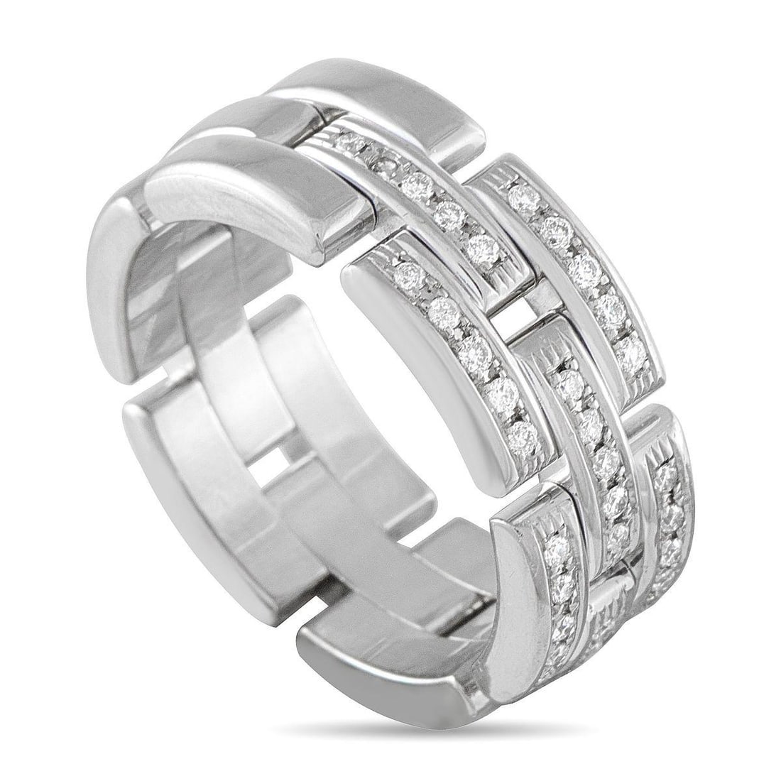 CARTIER MAILLON PANTHERE 18K WHITE GOLD DIAMOND HALF-PAVE TRIPLE ROW RING: Fluid and elegant, the Cartier Maillon Panthre ring wraps the finger with a sleek brick-link design. Crafted in 18K white gold, it showcases a triple-row structure where half of the links are finely p