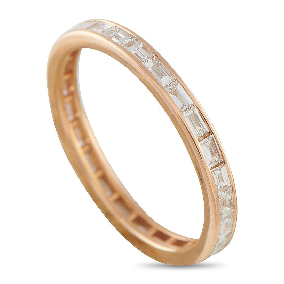 18K ROSE GOLD 0.53CT DIAMOND ETERNITY BAND RING: This eternity band ring is meant to last a lifetime. Simple and understated, the 18K Rose Gold setting shines to life thanks to a series of sparkling Diamond baguettes with a total weight of 0.53