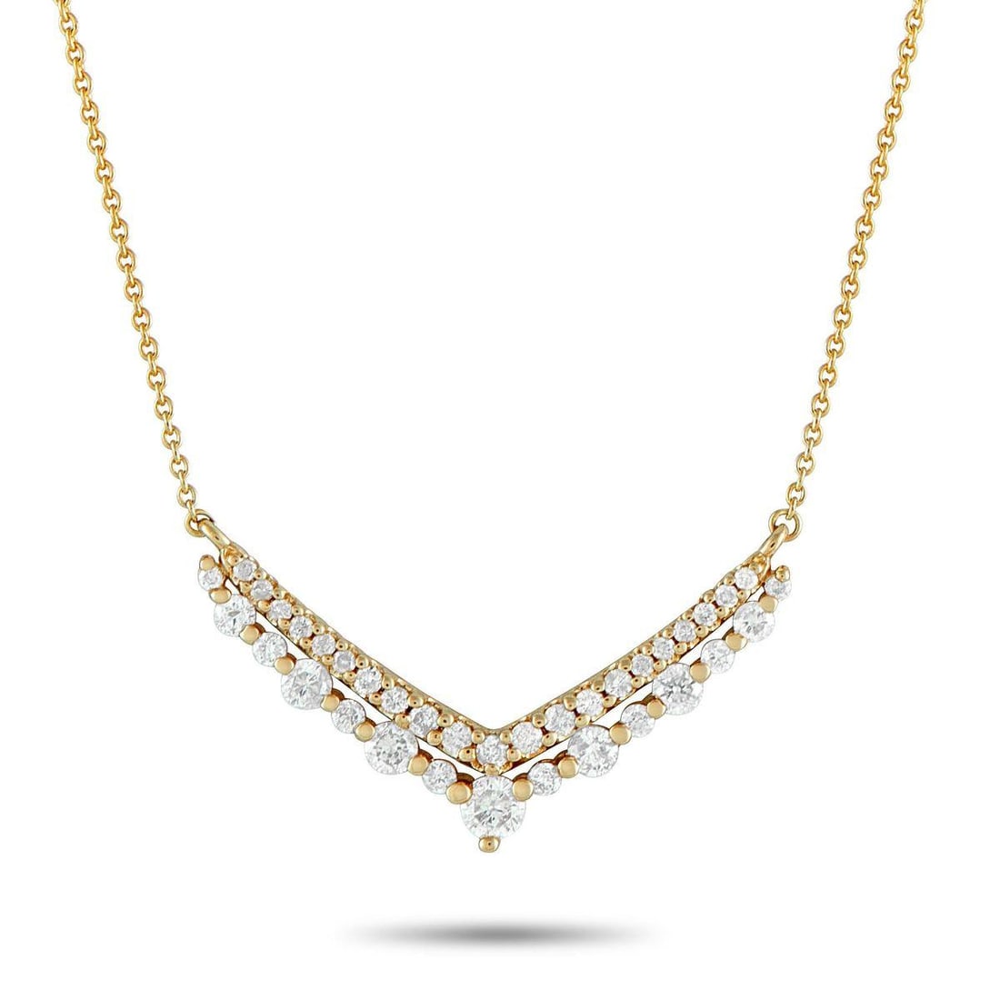 14K YELLOW GOLD 0.50CT DIAMOND V-SHAPED PENDANT NECKLACE: A necklace that draws the eye with soft sparkle and clarity. This 14K yellow gold piece features a V-shaped pendant layering two refined V lines for a crisp, modern outline. One is set with round diam