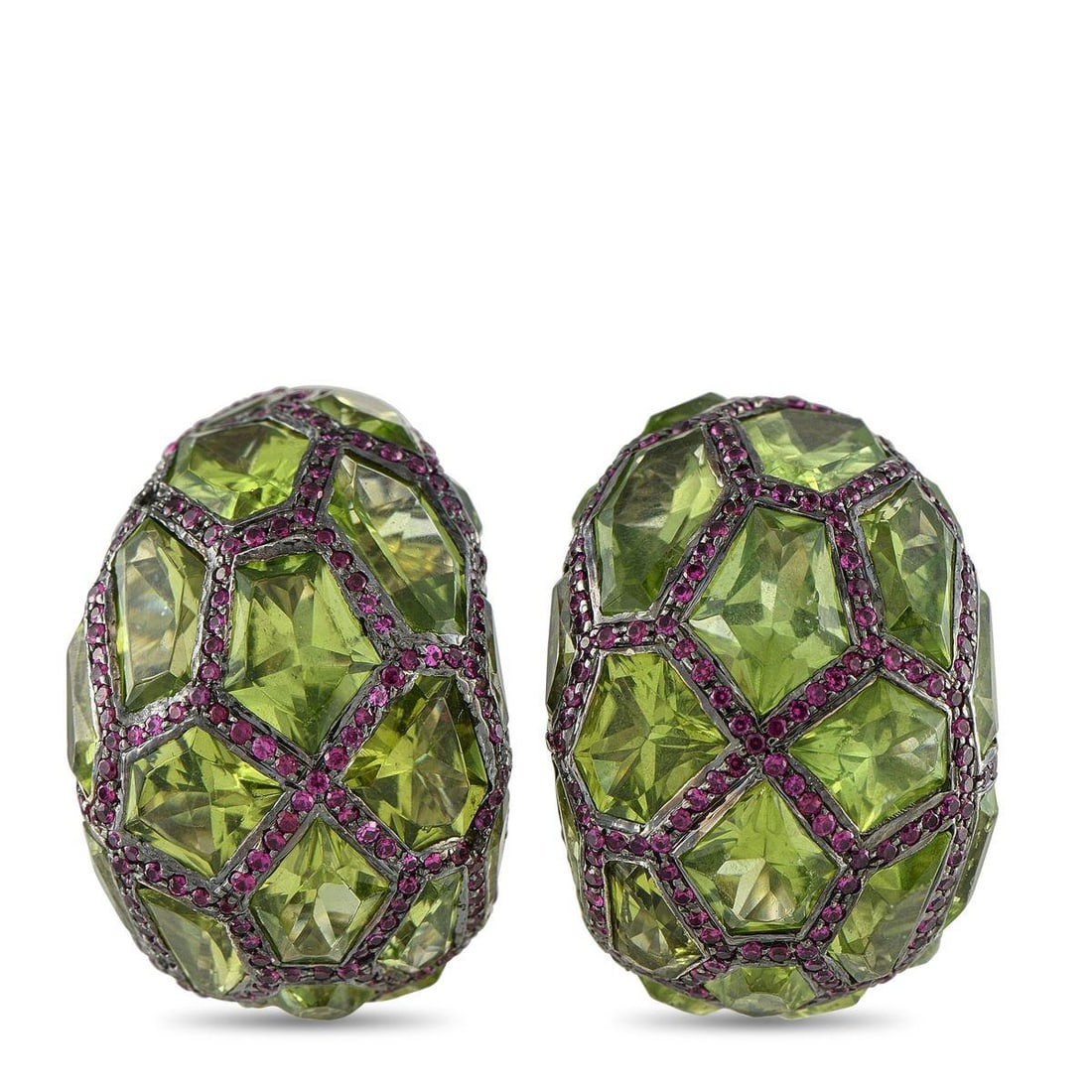 DE GRISOGONO 18K WHITE GOLD RUBY AND PERIDOT EARRINGS: These De Grisogono earrings are a celebration of color. Bold Peridot gemstones make them incredibly eye-catching, while veins of inset Ruby gemstones provide delightful contrast. Each one features an