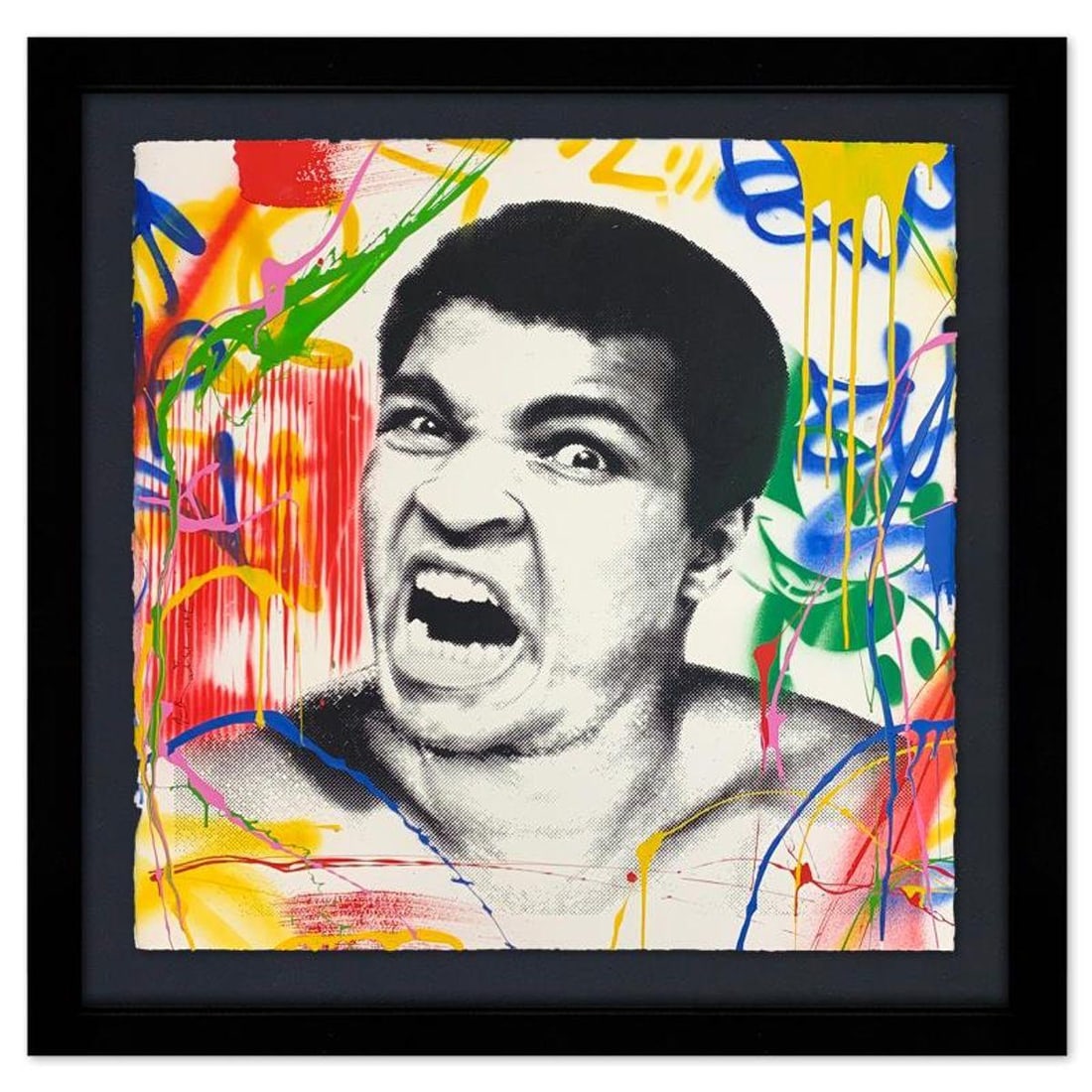 Mr. Brainwash, "Ali" Framed Mixed Media Original, Hand Signed with Certificate of Authenticity.: "Ali" is a mixed media original on deckle edge paper by Mr. Brainwash, hand signed by the artist. This piece bears the thumbprint of the artist and comes custom framed. Includes Certificate of Authent