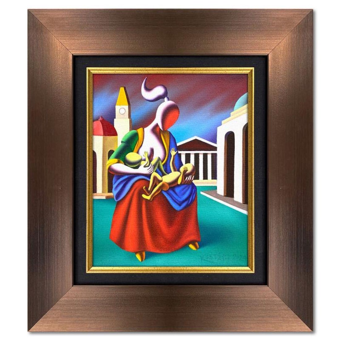 Mark Kostabi, "Timeless Bond" Framed Original Oil Painting on Canvas, Hand Signed with Letter of: "Timeless Bond" is an original oil painting on canvas by Mark Kostabi, hand signed by the artist. This piece comes framed. Includes Certificate of Authenticity. Measures approx. 22" x 20" (frame), 12"