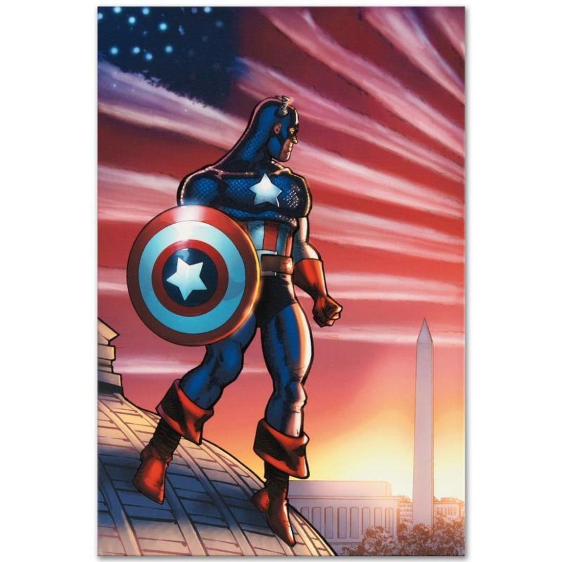 Marvel Comics "Captain America Theatre of War: America First. #1" Numbered Limited Edition Giclee on: A piece of comic book history, this limited edition, from original art by Howard Chaykin, depicts a heroic Captain America standing in front of an idealistic landscape of American Patriotism. Howard V
