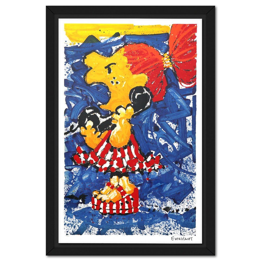 Tom Everhart- Hand Pulled Original Lithograph "1-800 My Hair is Pulled Too Tight": Artist: Tom Everhart. Medium: Hand Pulled Original Lithograph. Title: 1-800 My Hair is Pulled Too Tight. Size: 42" x 27". Measures approx. 47" x 32" (framed). Signature: Hand signed and numbered. Cert