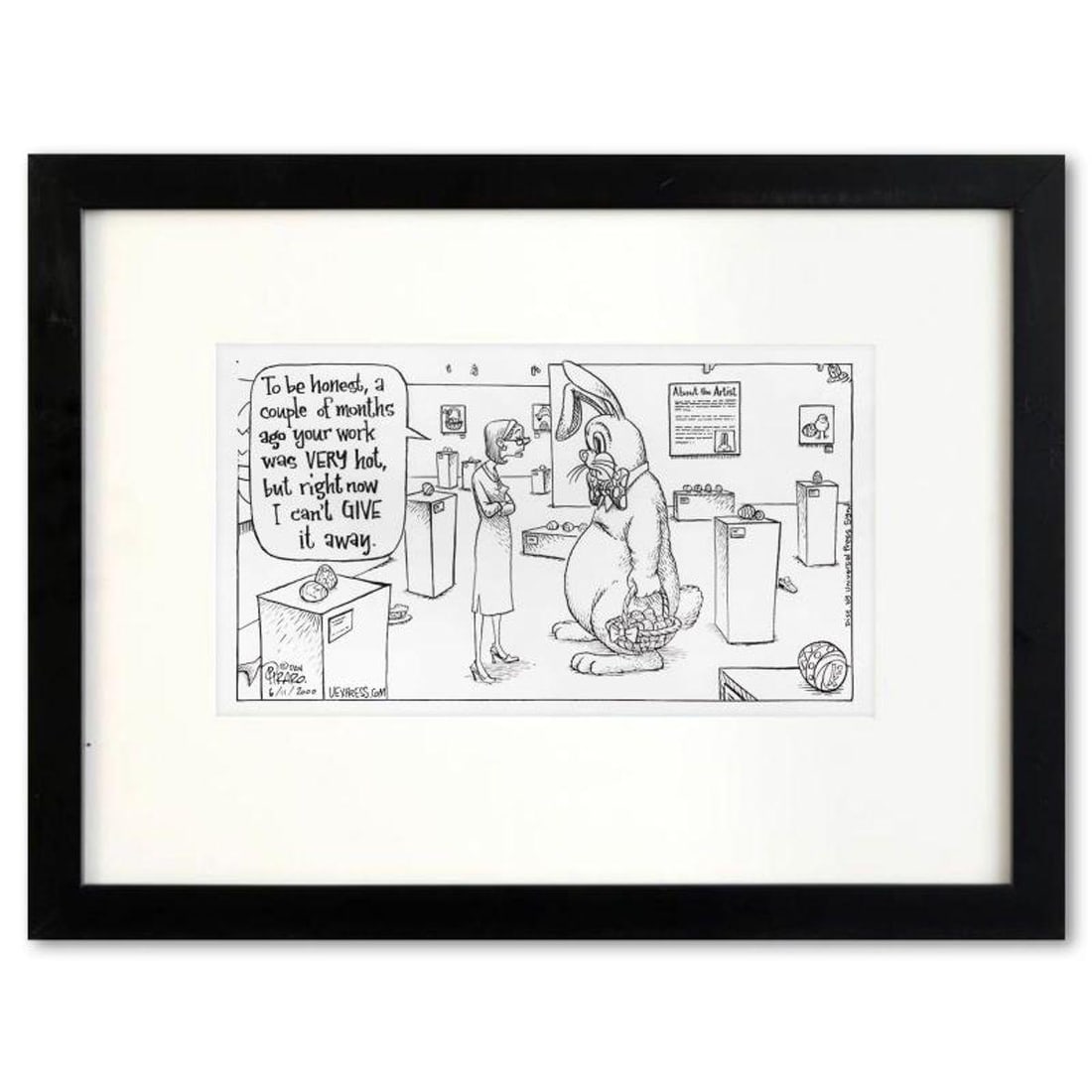 Bizarro, "Easter Bunny Gallery" is a Framed Original Pen & Ink Drawing by Dan Piraro, Hand Signed: Enter a surreal and satirical world of twisted imagination and award winning creativity. "Easter Bunny Gallery" is an original pen & ink drawing on paper by Dan Piraro, creator of the critically accla