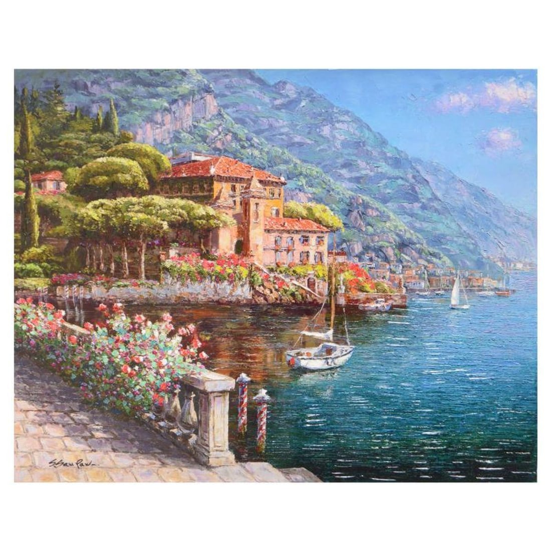 Sam Park, "Abbey Bellagio" Hand Embellished Limited Edition Serigraph on Canvas, Numbered and Hand: Abbey Bellagio is a hand embellished limited edition serigraph on canvas by Sam Park, numbered and hand signed by the artist. Includes Letter of Authenticity. Measures approx. 30" x 24" (image). Refer