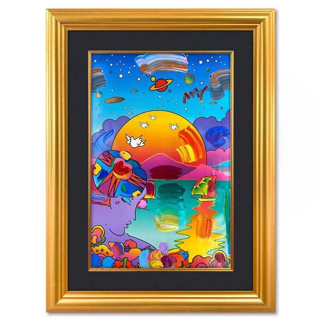 Peter Max, "New Horizon" Framed One-of-a-Kind Mixed Media, Hand Signed with Registration Number: "New Horizon" is a one-of-a-kind mixed media on paper, hand signed by Peter Max. The piece comes custom framed with a backside cutout to display Peter Max Studio registration number 250342 certifying