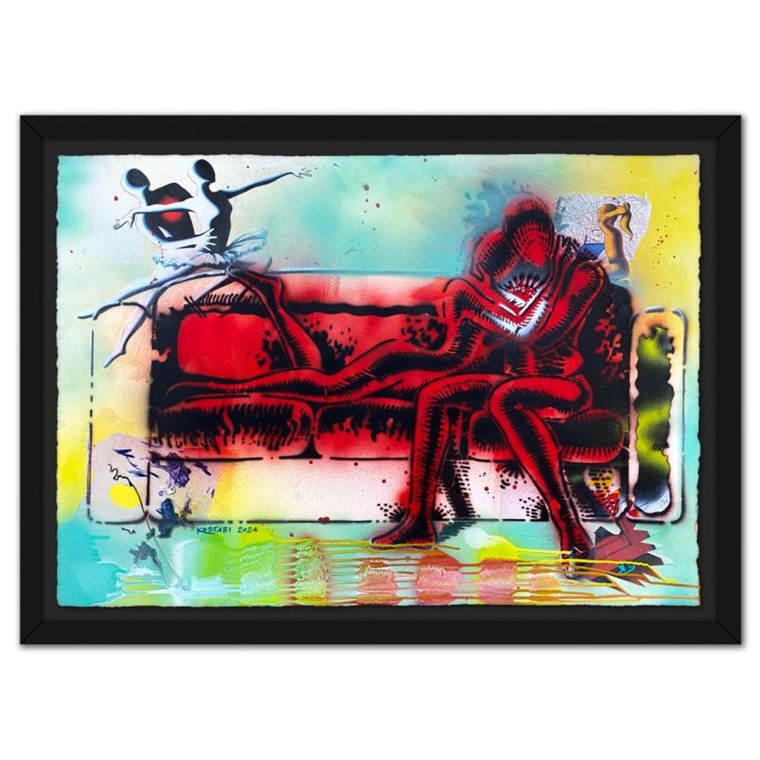 Mark Kostabi, "Scarlet Passion" Framed Original Mixed Media Painting, Hand Signed with Certificate: "Scarlet Passion" is an original mixed media painting on paper by Mark Kostabi, hand signed by the artist. The piece comes framed. Includes Certificate of Authenticity. Measures approx. 35.5" x 48" (f