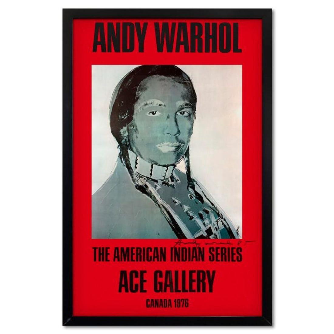 Andy Warhol (1928-1987), "The American Indian Series (Red)" Framed Vintage Poster (35.5" x 51") from: "The American Indian Series" is a vintage poster by Andy Warhol (1928-1987) from the Ace Gallery, Los Angeles, CA. This piece is hand signed and dated (1985) by Warhol. This piece comes custom framed.