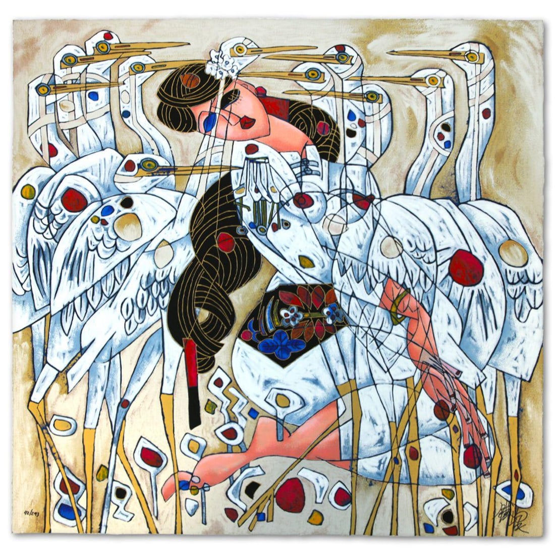 Jian Tie Feng- Silkscreen "Morning with Cranes": Artist: Jian Tie Feng. Medium: Silkscreen. Title: Morning with Cranes. Size: 31" x 31". Signature: Hand Signed and Numbered. Reference#: 80568.