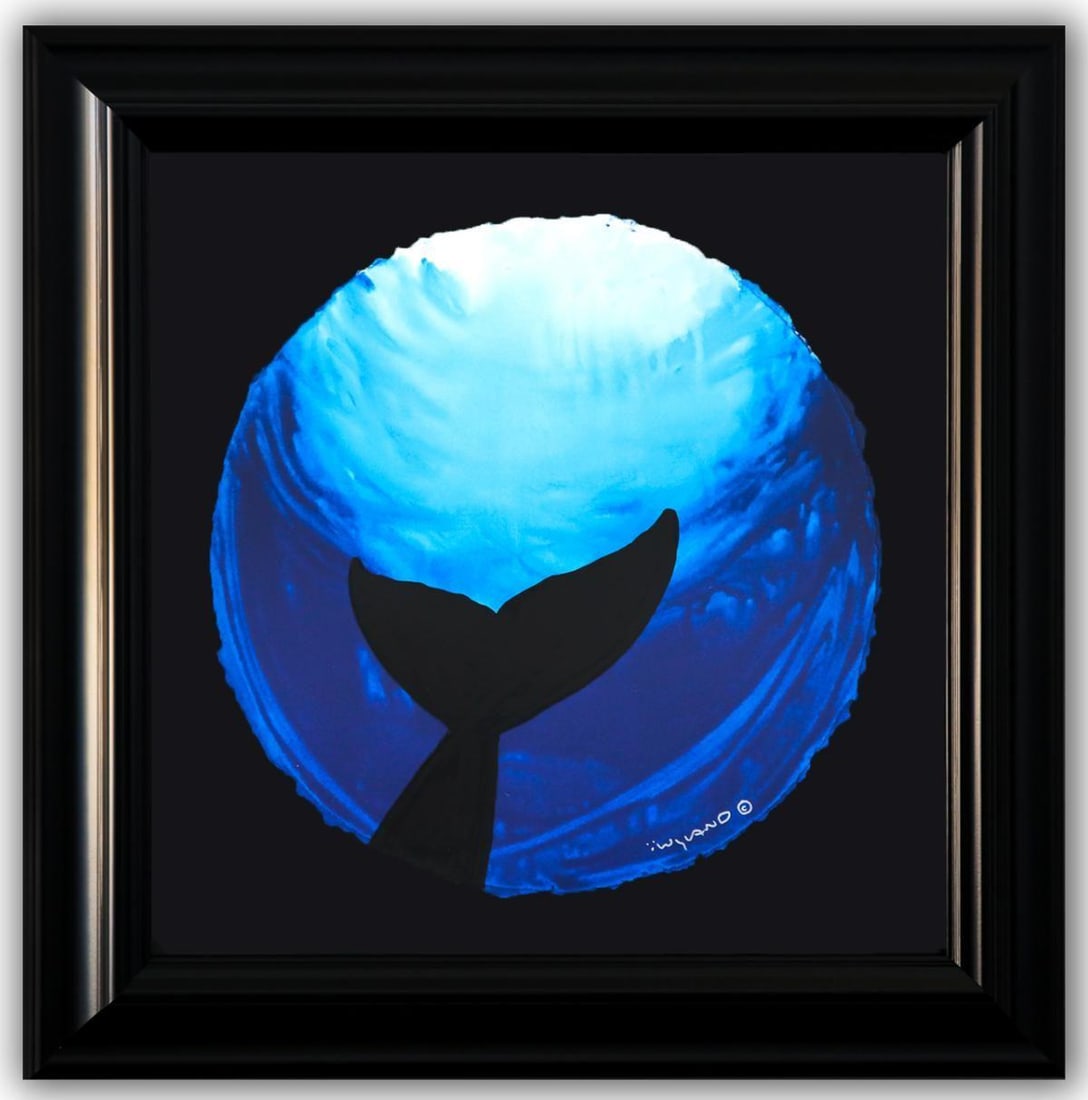 Wyland- Original Watercolor Painting on Deckle Edge Paper "Deep Blue Swim": Artist: Wyland. Medium: Original Watercolor Painting on Deckle Edge Paper. Title: Deep Blue Swim. Size: 19" x 19". Measures approx. 30" x 30" (framed). Signature: Hand Signed by the artist. Certificat